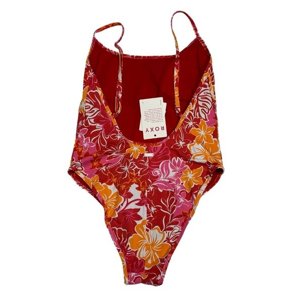Roxy Juniors Sz S Swimsuit Sea Spray Hibiscus Printed One Piece Pink Red NWT New - Picture 4 of 6